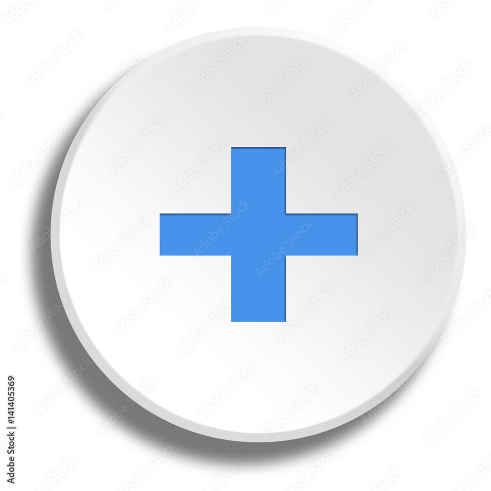 Blue plus in round white button with shadow Blue plus in round white button with shadow