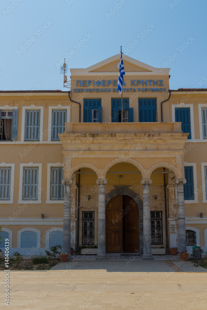 Rethymno, Greece - August  4, 2016:  Building of the Prefecture of Rethymno.
