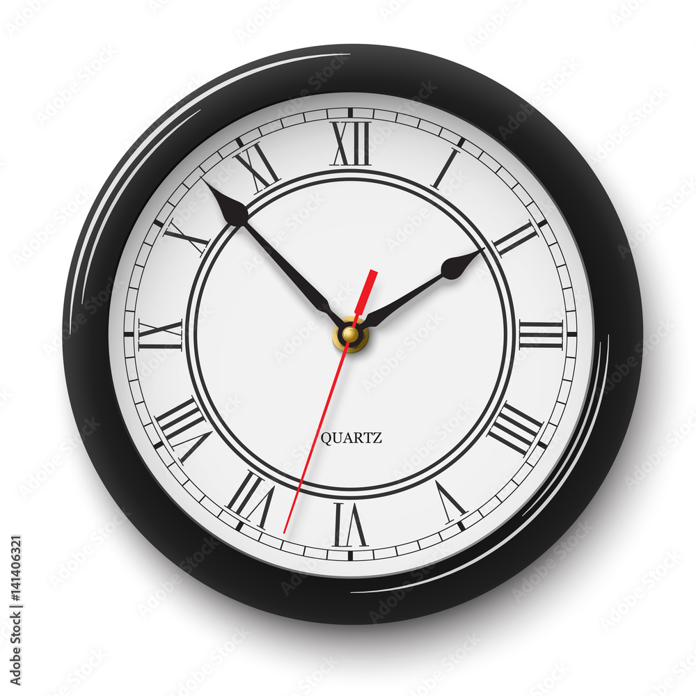 Classic noble wall clock with roman numerals in black glossy body isolated on white background Classic noble wall clock with roman numerals in black glossy body isolated on white background