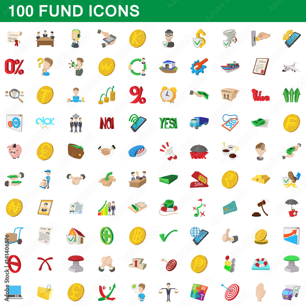 Fototapeta premium 100 fund icons set, cartoon style