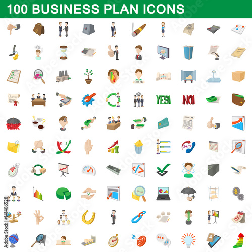 100 business plan icons set, cartoon style