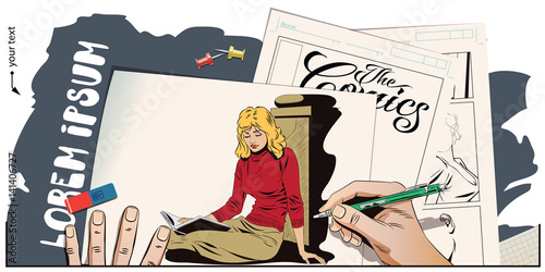 Girl is reading book on terrace of house. Stock illustration. People in retro style.