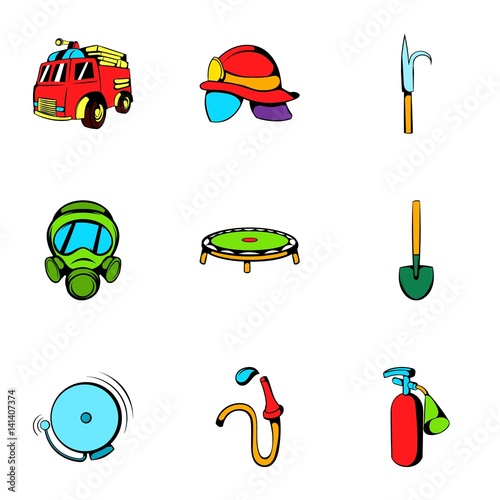 Firefighter icons set, cartoon style