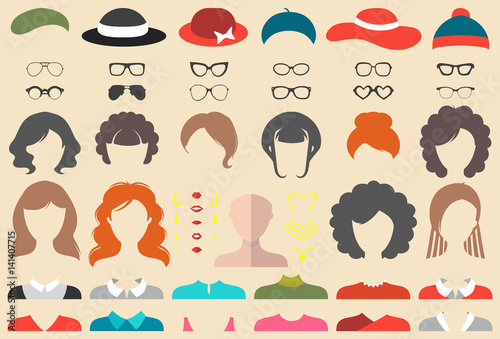 Vector set of dress up constructor with different woman haircuts, glasses etc. in flat style. Female faces icon creator.