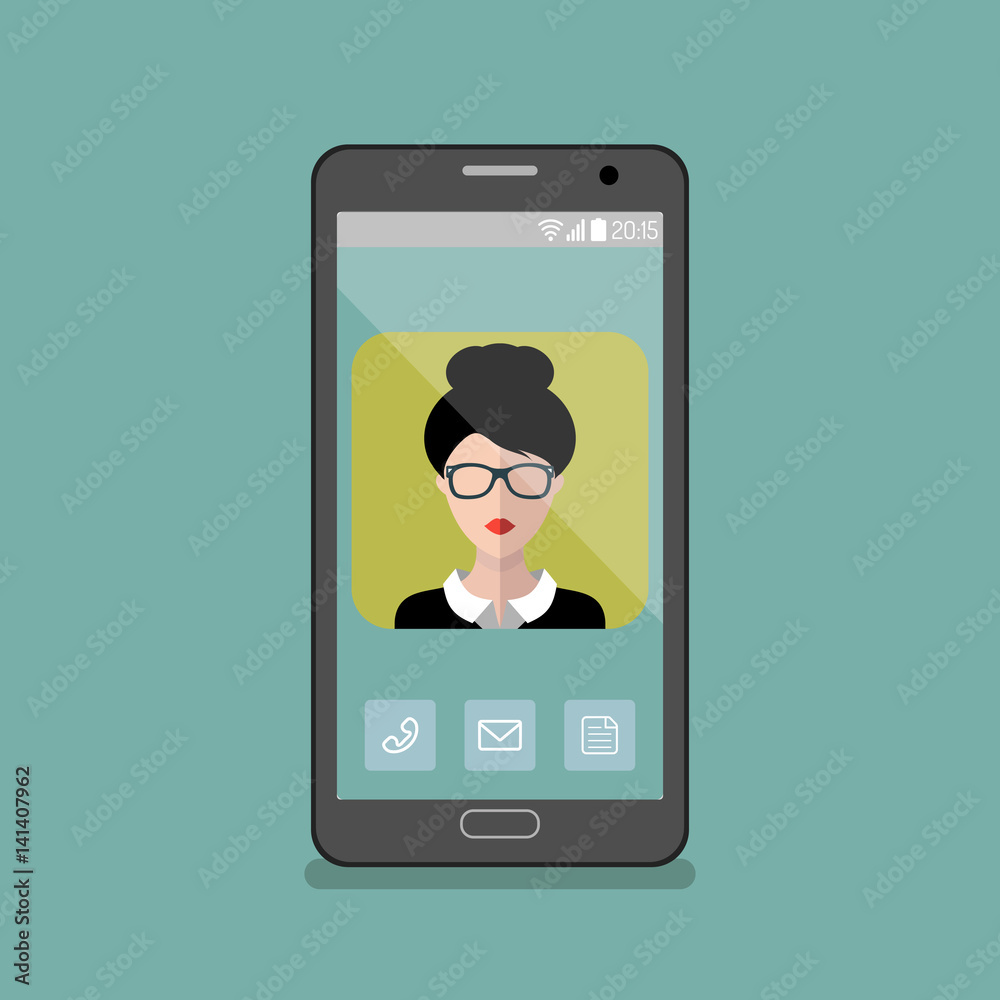 Vector illustration of girl in glasses app icon on smartphone display in flat style. Vector illustration of girl in glasses app icon on smartphone display in flat style.