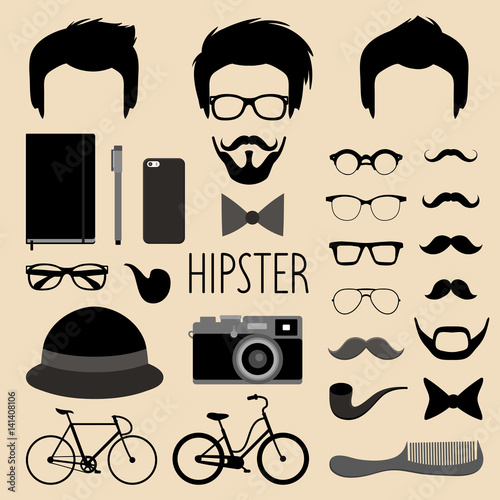 Vector set of dress up constructor with different men hipster haircuts,glasses etc.in flat style. Man faces icon creator