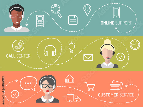 Vector set of call center, customer service, online support banners in trendy flat style.