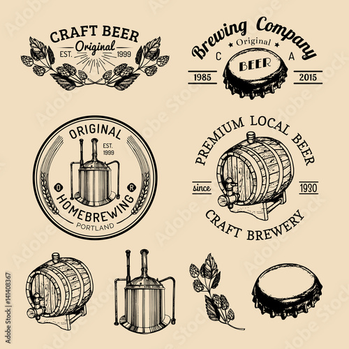 Old brewery logos set. Kraft beer retro signs with hand sketched glass, barrel etc. Vector vintage homebrewing badges.
