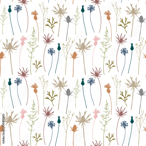 Floral vector seamless pattern with meadow grasses, herbs and wild flowers ou...