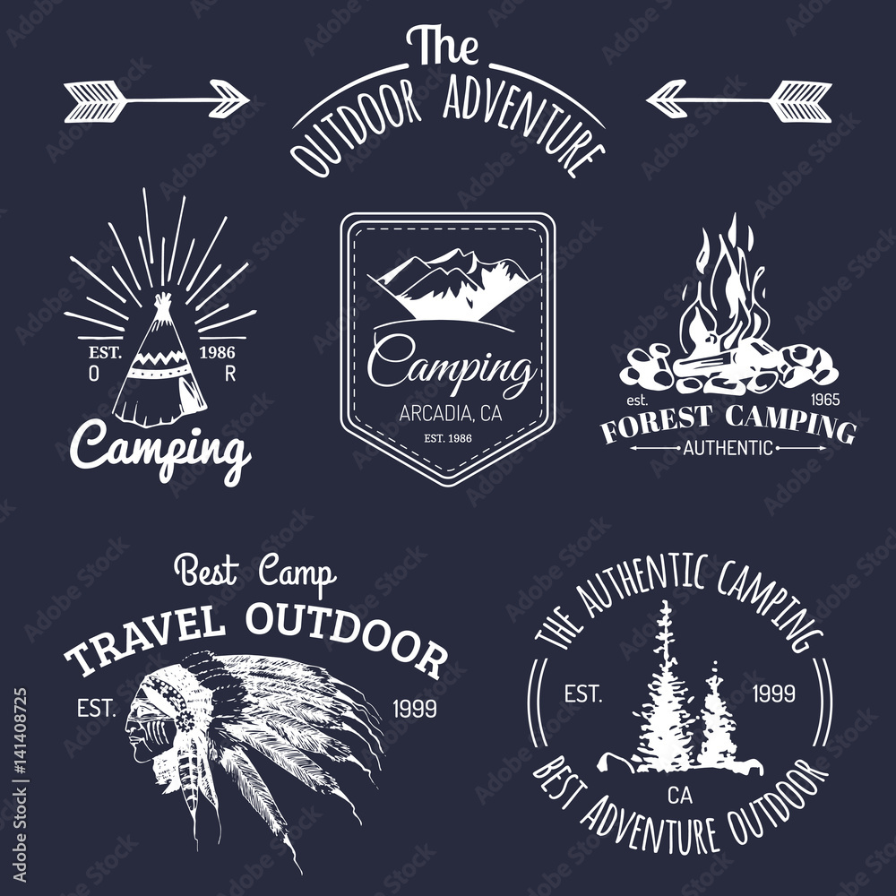 Fototapeta premium Vector set of camping logos. Tourism emblems or badges. Signs collection of outdoor adventures with Indian elements.