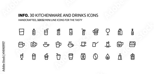 Kitchenware, drinks mini line, illustrations, icons