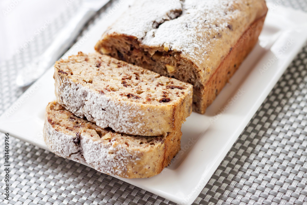 Banana cake with walnuts and dark chocolate