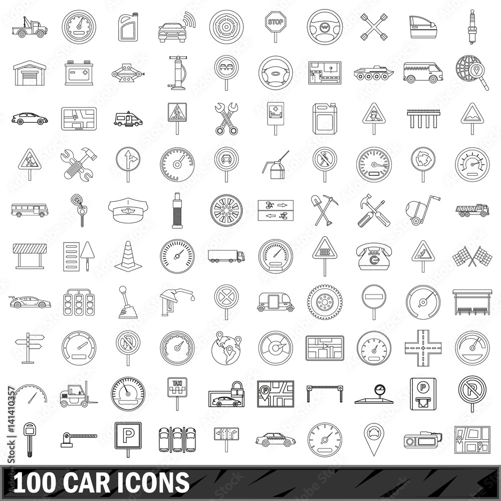 100 car icons set, outline style 100 car icons set, outline style