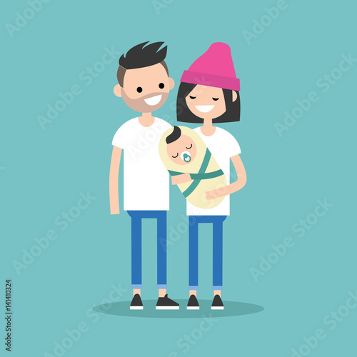 Young modern family concept. Mother, father and their baby / flat editable vector illustration, clip art