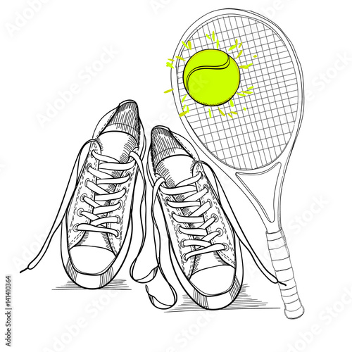 illustraton of drawing isolated objects sneakers withtennis racquet and ball. Hand drawn and doodle footwear for logo.