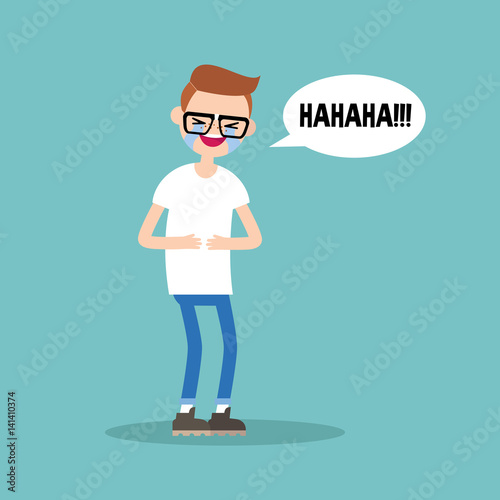 laughing out loud nerd boy / flat vector editable illustration