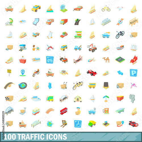 100 traffic icons set  cartoon style