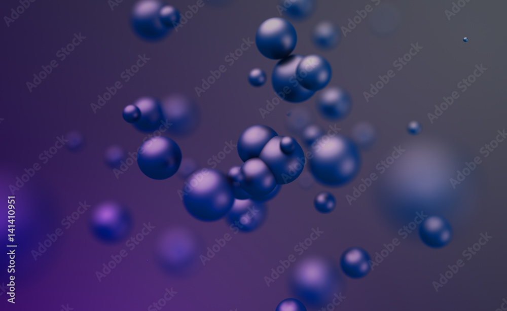 Abstract 3d rendering of chaotic spheres. Flying particles in empty space. Dynamic shape. Futuristic background with bokeh, depth of field effect. Design for poster, banner, placard. Abstract 3d rendering of chaotic spheres. Flying particles in empty space. Dynamic shape. Futuristic background with bokeh, depth of field effect. Design for poster, banner, placard.