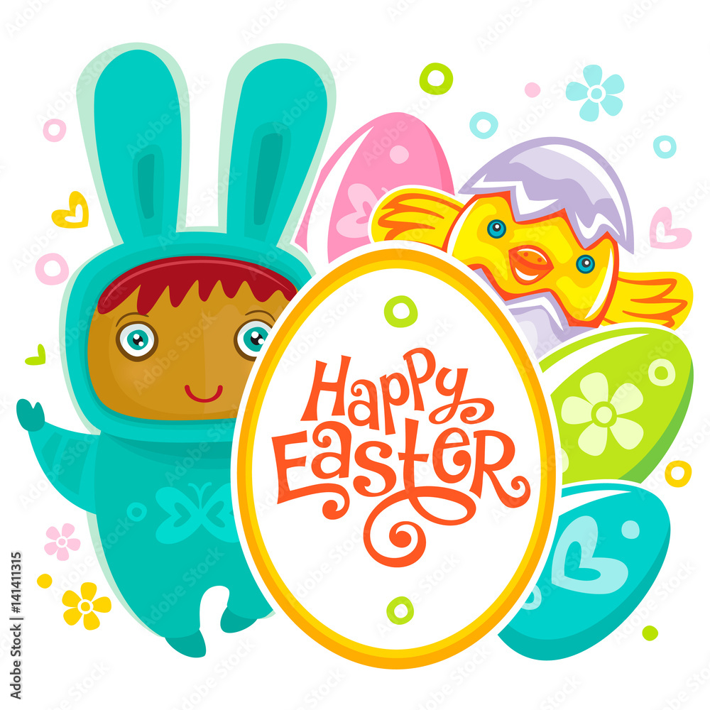 Colorful Easter Greeting Card with child bunny and frame with Happy Easter  text lettering. Rabbit baby, eggs and chicken. Use it as banner, invitation to egg hunt. Vector isolated on white background