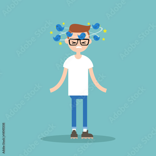 Dizziness conceptual illustration. Young nerd with birds spinning around his head / flat editable vector illustration