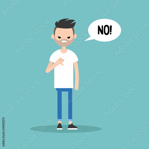 Thumbs down. Displeased bearded man says "No" / editable flat vector illustration © nadia_snopek