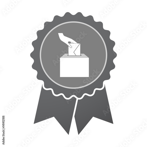 Isolated badge with  a hand inserting an envelope in a ballot box