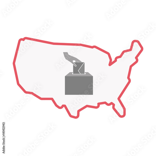 Isolated USA map with  a hand inserting an envelope in a ballot box