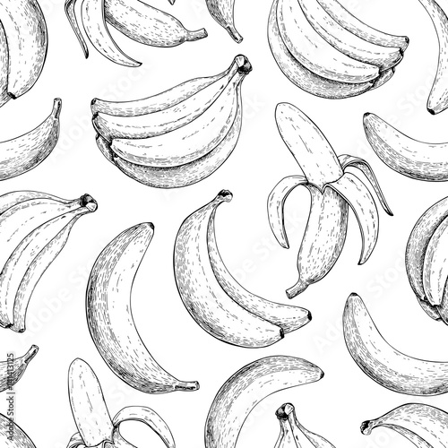 Banana vector seamless pattern. Isolated hand drawn bunch and peel banana Summer fruit engraved style illustration.