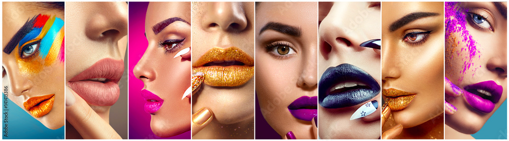 Makeup collage. Beauty makeup artist ideas. Colorful lips, eyes, eyeshadows and nail art - obrazy, fototapety, plakaty 