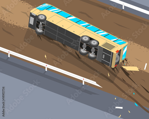 The driver of the passenger bus was tired and fell asleep at the wheel because of this the bus flew off the track and rolled over. Vector illustration