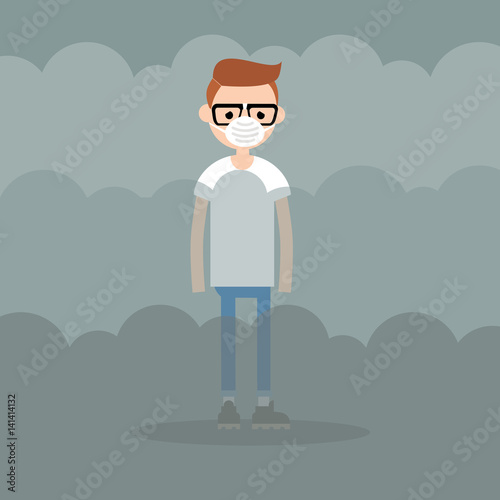 Plakat Air pollution. Smog. Young character wearing a protective face mask / flat editable illustration, clip art