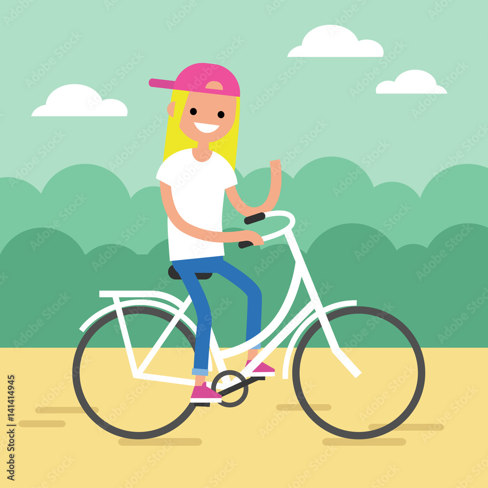 Young blond girl riding a bike and waving her hand / editable flat vector illustration, clip art
