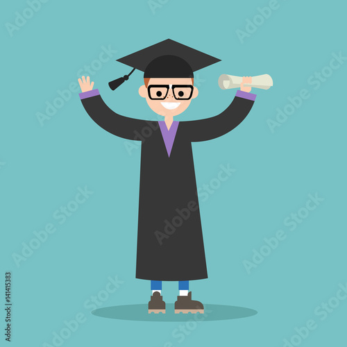 Graduated student wearing cap and gown / flat editable vector illustration, clip art