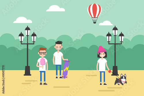 People walking in the park during the day / flat editable vector illustration, clip art