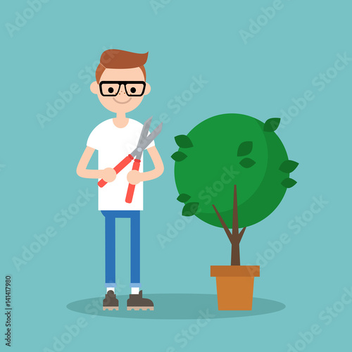 Young nerd cutting the bush with a pruner / flat editable vector illustration