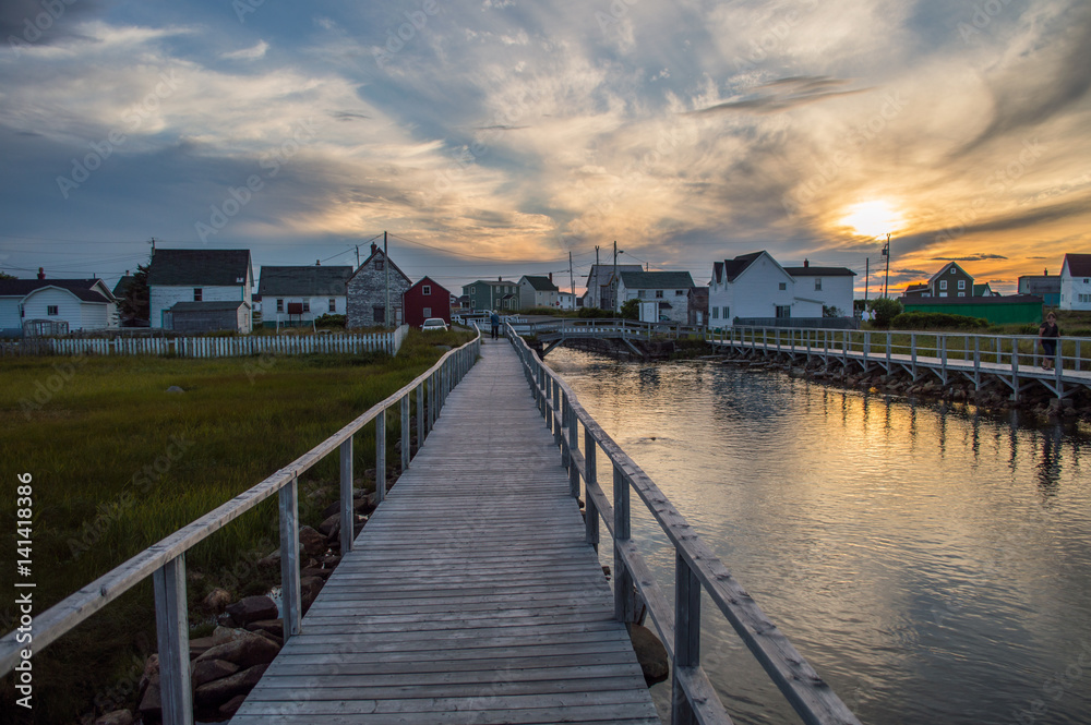 Charming Colorful Houses along a Canal and Sunset in Bonavista, Newfoundland, Canada