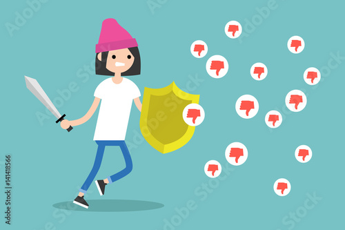 Young brunette girl fighting against negative reactions in social media / editable flat vector illustration, clip art