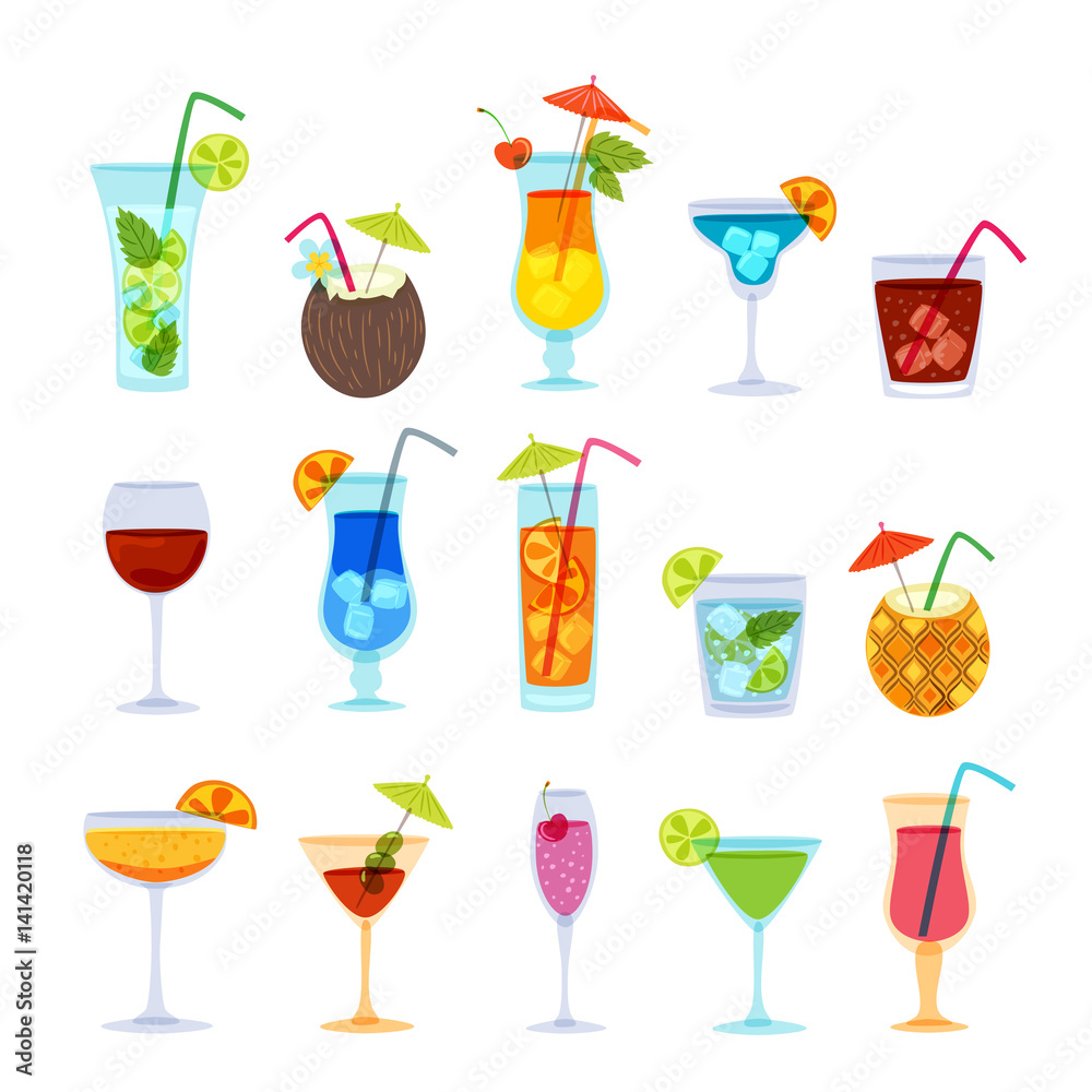 Φωτογραφία Tropical cocktails, juice, wine and champagne glass set