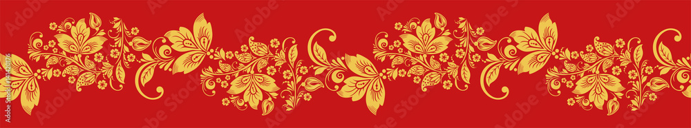 Hohloma seamless pattern, russian design vector. Khokhloma background decoration in red and gold colors