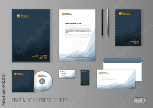 Corporate identity template for investment company, modern stationery template design stylized with charts for investment business. Brochure cover, letterhead, envelope, business card, pen, CD cover.