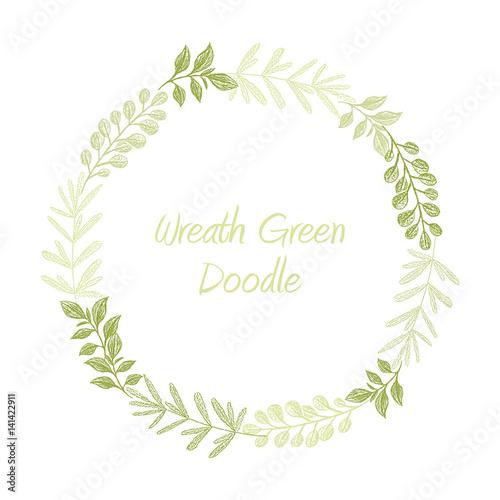 Green hand drawn leaves wreath vector, greeting, invitation or wedding card template. Greenery spring floral frame