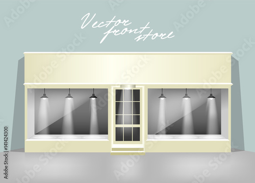 Shop showcase and entrance wooden door. Bright light. Cream color and white vector glass store 
