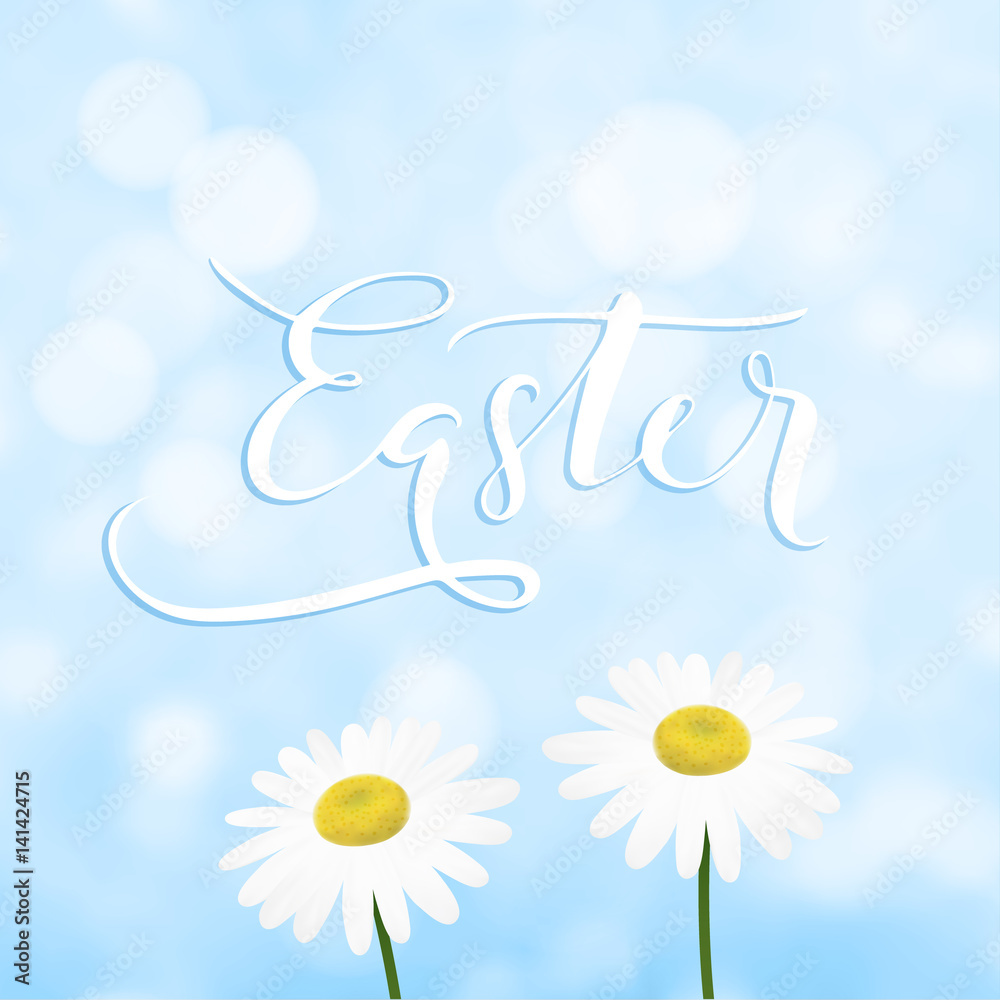 Happy Easter greeting card, invitation with handwritten text, daisy or marguerite flowers and blue sky. Modern blurred spring background with bokeh lights. Vector illustrations.