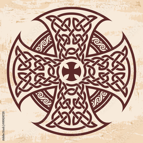 Celtic national ornament in the shape of a cross. Brown drawing with aging effect on a beige background.
