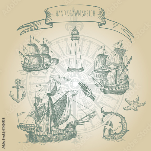 Old caravel, vintage sailboat. Hand drawn vector sketch. Anchor, lighthouse, sea monster, starfish
