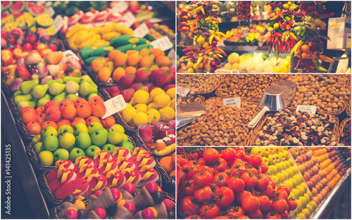 Collage of Fruits and vegetables stall in La Boqueriamarket in Barcelona. 