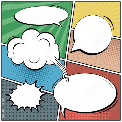 Abstract creative concept vector comic pop art style blank, layout template with clouds beams and isolated dots background. For sale banner, empty speech bubble set, illustration halftone book design.
