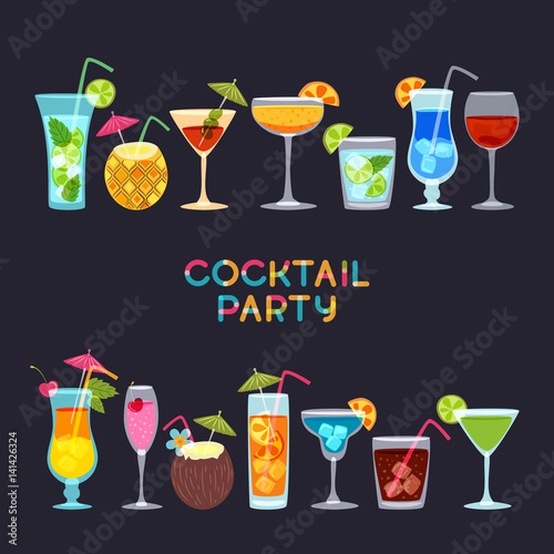 Tropical cocktails, juice, wine glass on black background. Vector hand drawn illustration. Various cocktail glass with beverages. Design for summer beach party invitation, bar menu of alcohol drinks