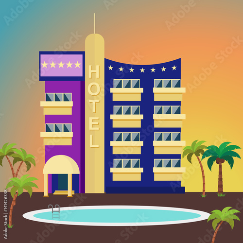 Luxurious hotel on a colorful background surrounded by palm trees and a swimming pool. Exterior of the building in a flat style. Five-star hotel for travelers and tourists.