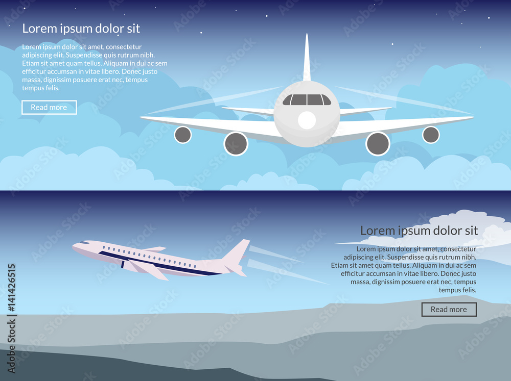 Travel on the plane set of banners in a flat style against the background of the evening sky. Passenger aircraft during flight and take-off. Header for the site with text and a button.